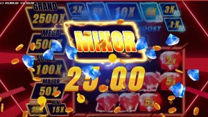 Tampilan permainan slot Triple Cash Boost dengan tema neon futuristik dan simbol buah.