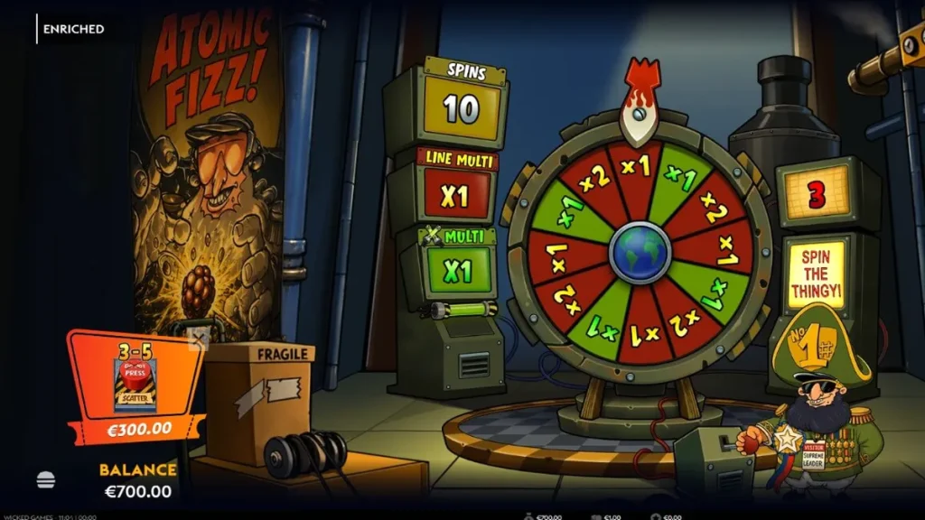 Tampilan visual slot Enriched dengan tema nuklir dan retro-futuristik