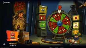 Tampilan visual slot Enriched dengan tema nuklir dan retro-futuristik